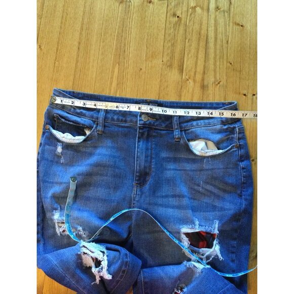 Judy Blue Distressed Skinny Jeans Size 15/32 Denim Ripped Red Plaid Patches - Picture 8 of 10